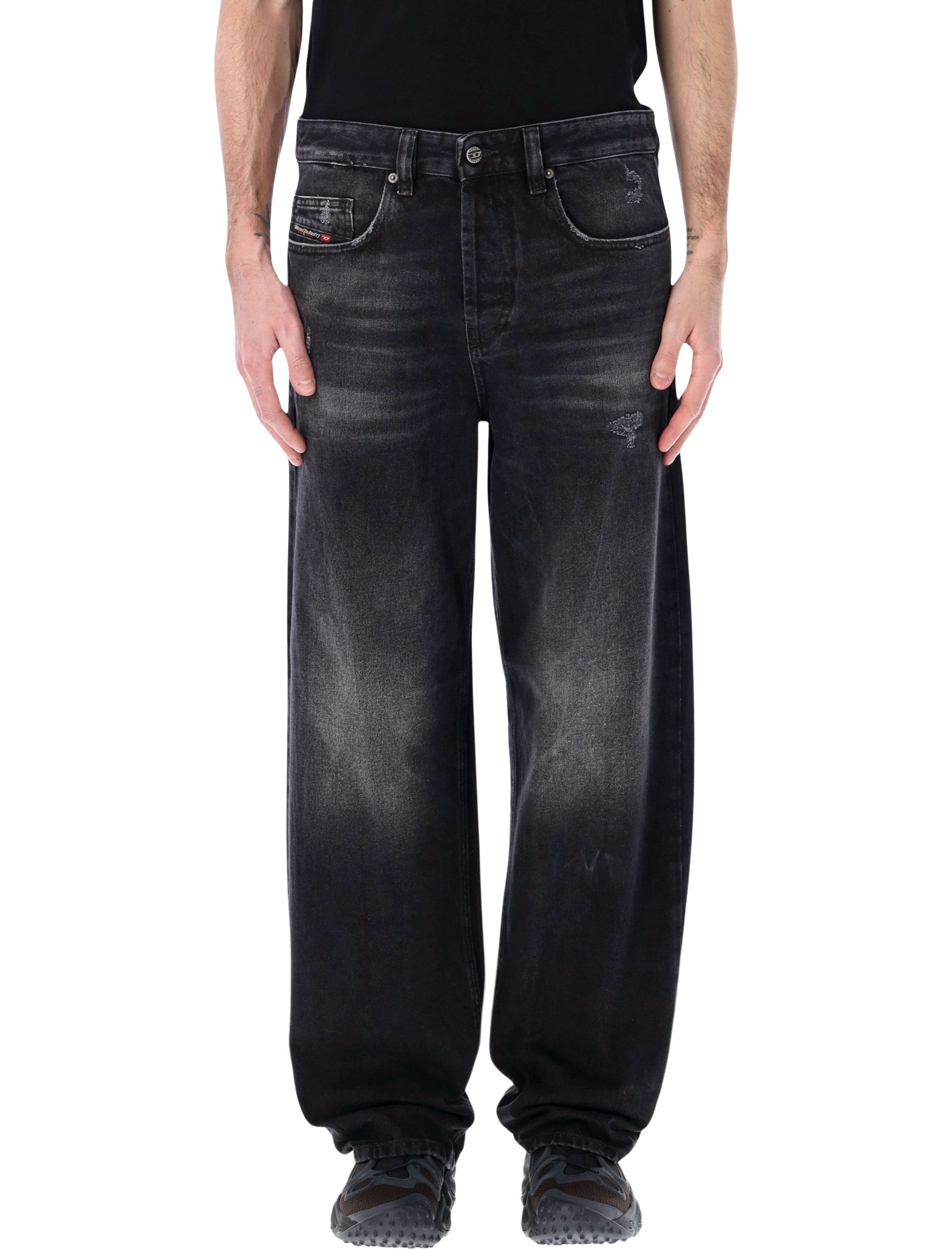 Relaxed Black Denim Jeans with Worn-In Wash and Ripped Detailing