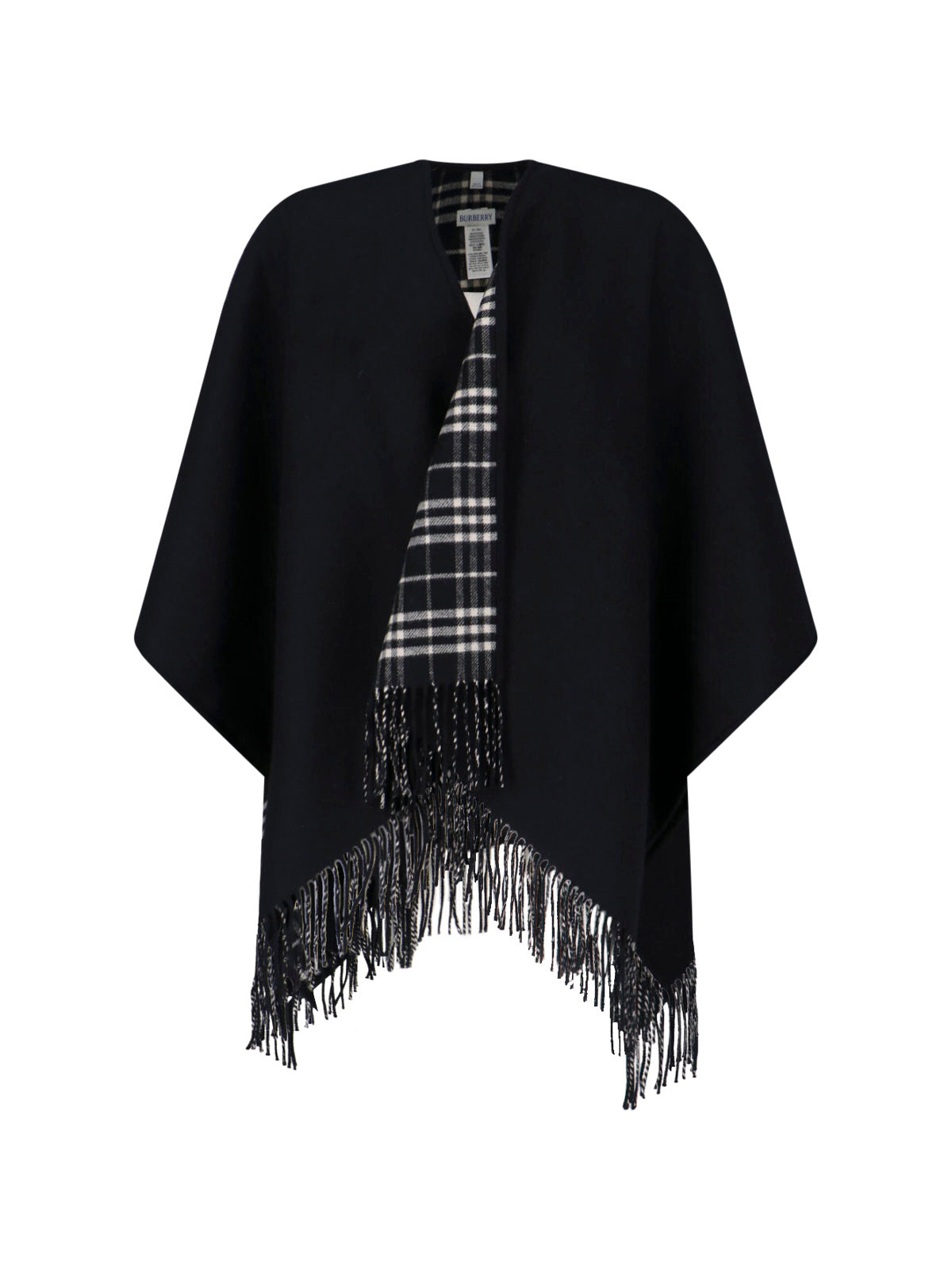 Black Reversible Check Wool Fringed Cape