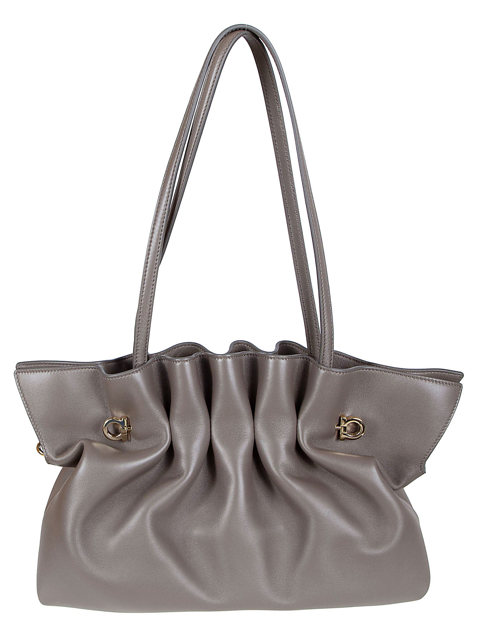 Ruched Grey Lamb Leather Shoulder Bag with Dual Straps