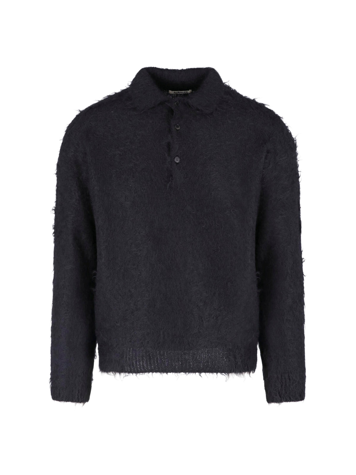 Grey Textured Long-Sleeve Cropped Polo Shirt