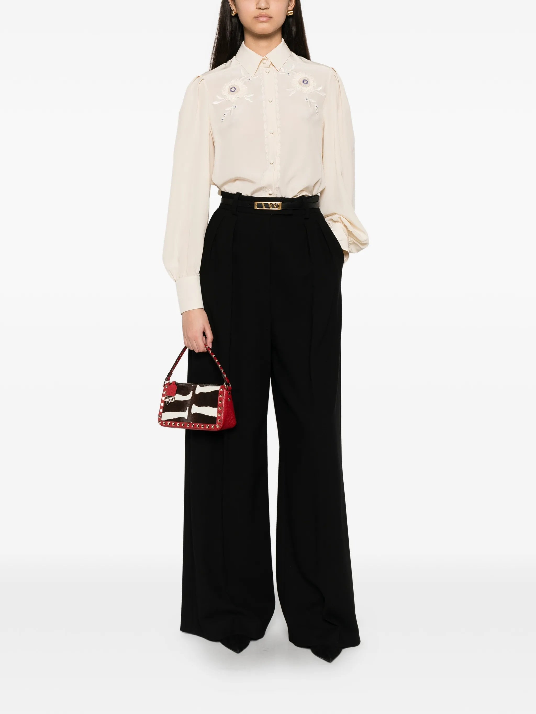 Neutral Floral Embroidered Puff Sleeve Shirt