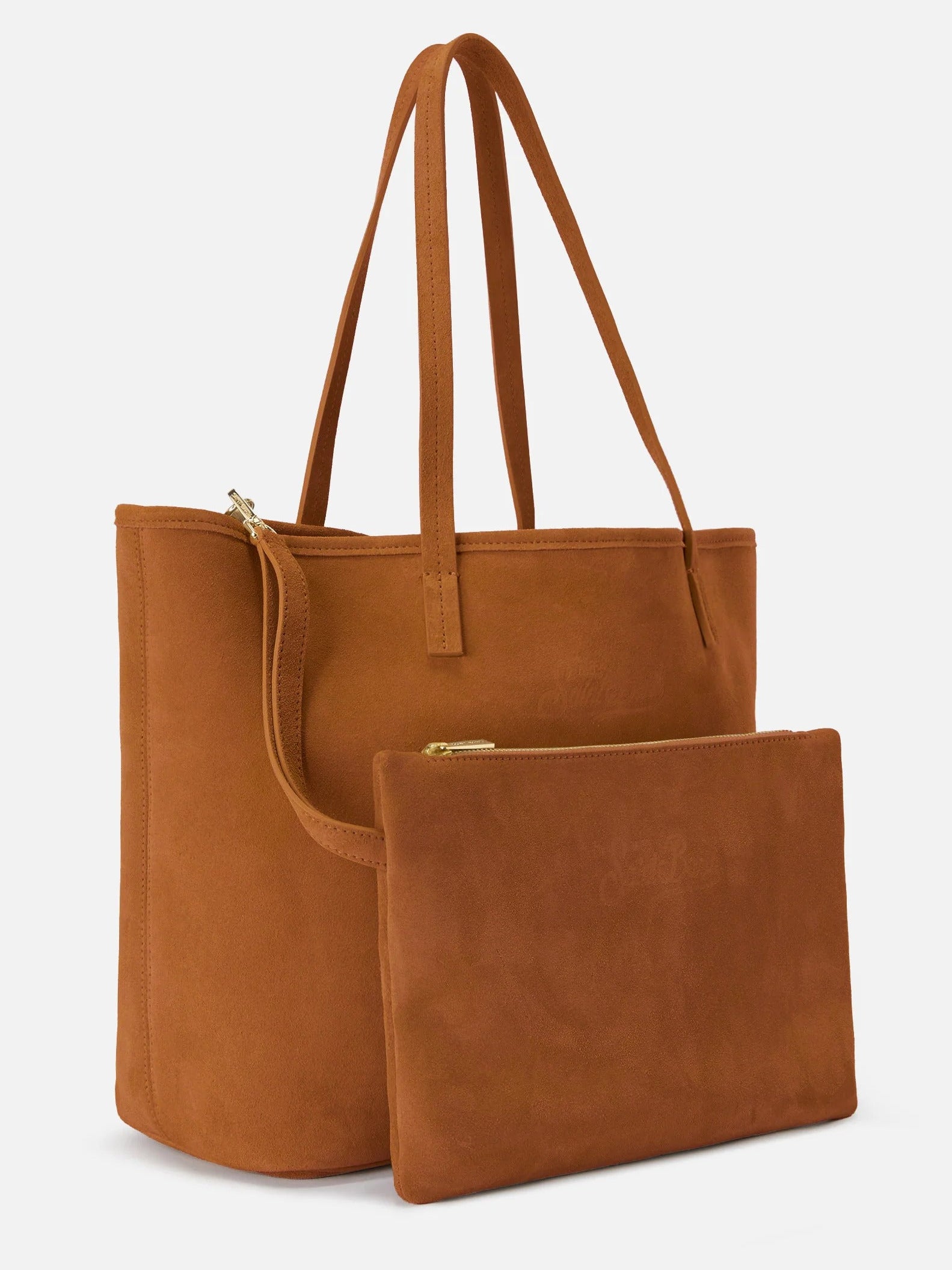 Spacious Brown Suede Tote Bag with Embossed Logo