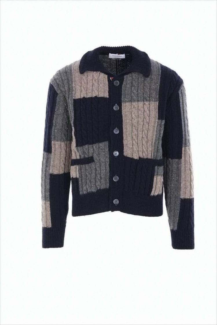 Patchwork Cable Knit Cardigan With Button-Up Front
