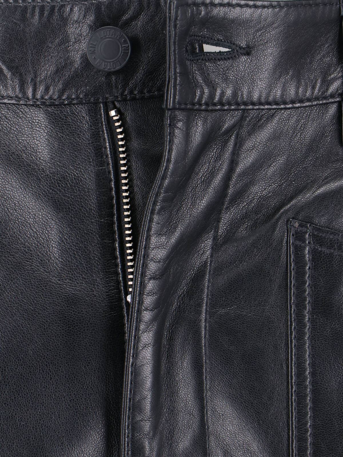 "Shon" Leather Trousers, Black, Mid-Rise, Belt Loops, Button