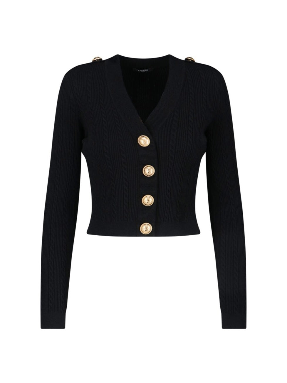 Structured Shoulder Black V-Neck Cardigan With Decorative Buttons