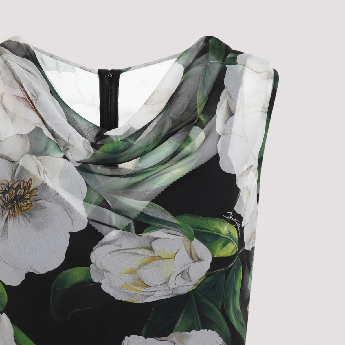 Cowl Neck Midi Dress In Black Silk With Floral Print