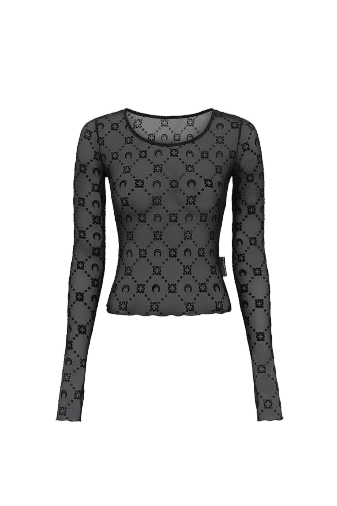 Fitted Long-Sleeve Sheer Top with Crescent Moon Pattern