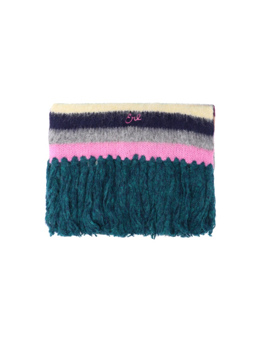 Textured Multicolor Knitted Scarf With Fringed Ends