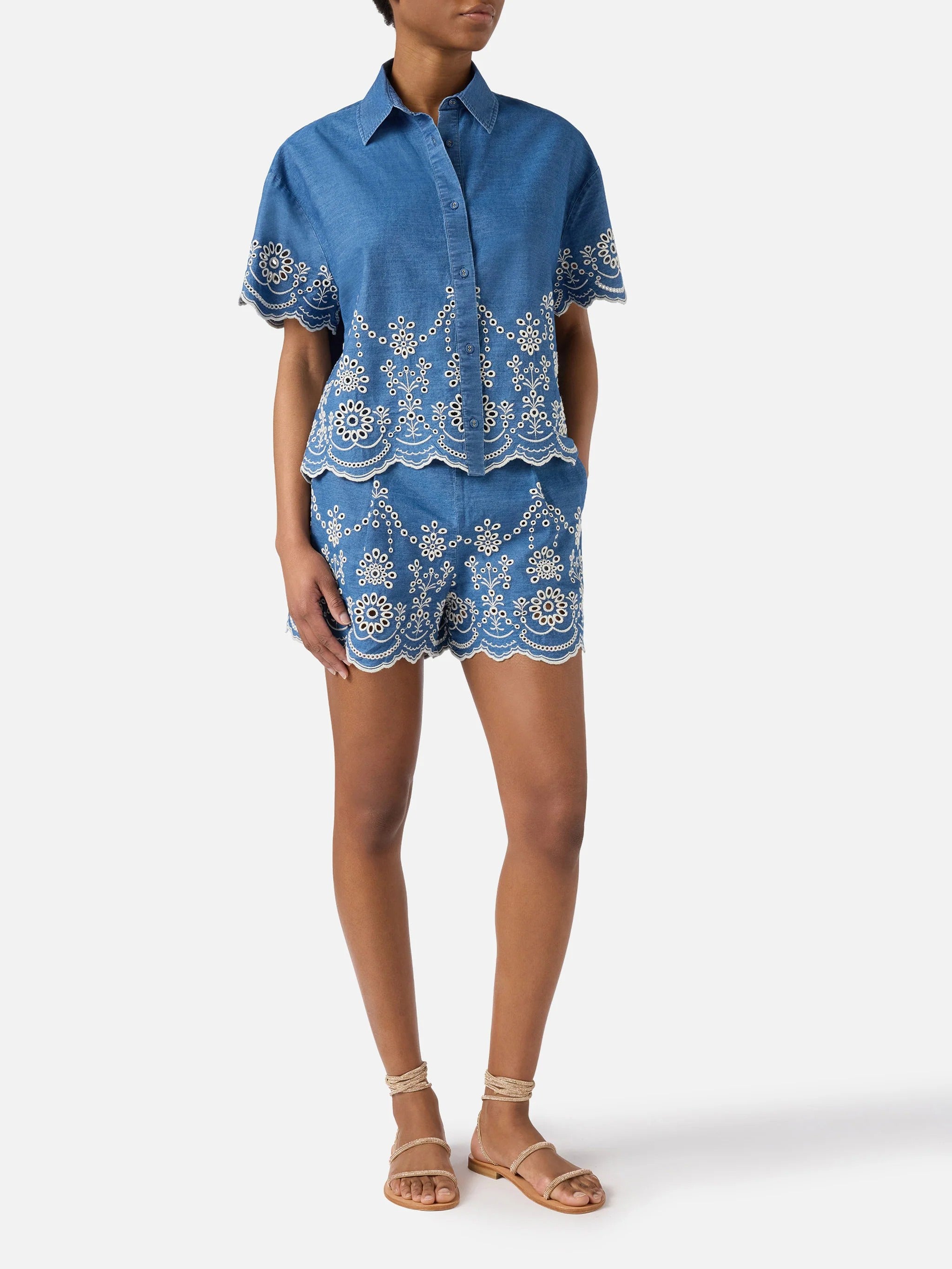 Intricate Floral Embroidered Blue Shorts with Tailored Fit