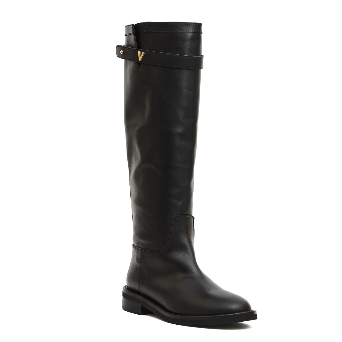 Tall Black Leather Boots With Gold Accent And Rubber Sole