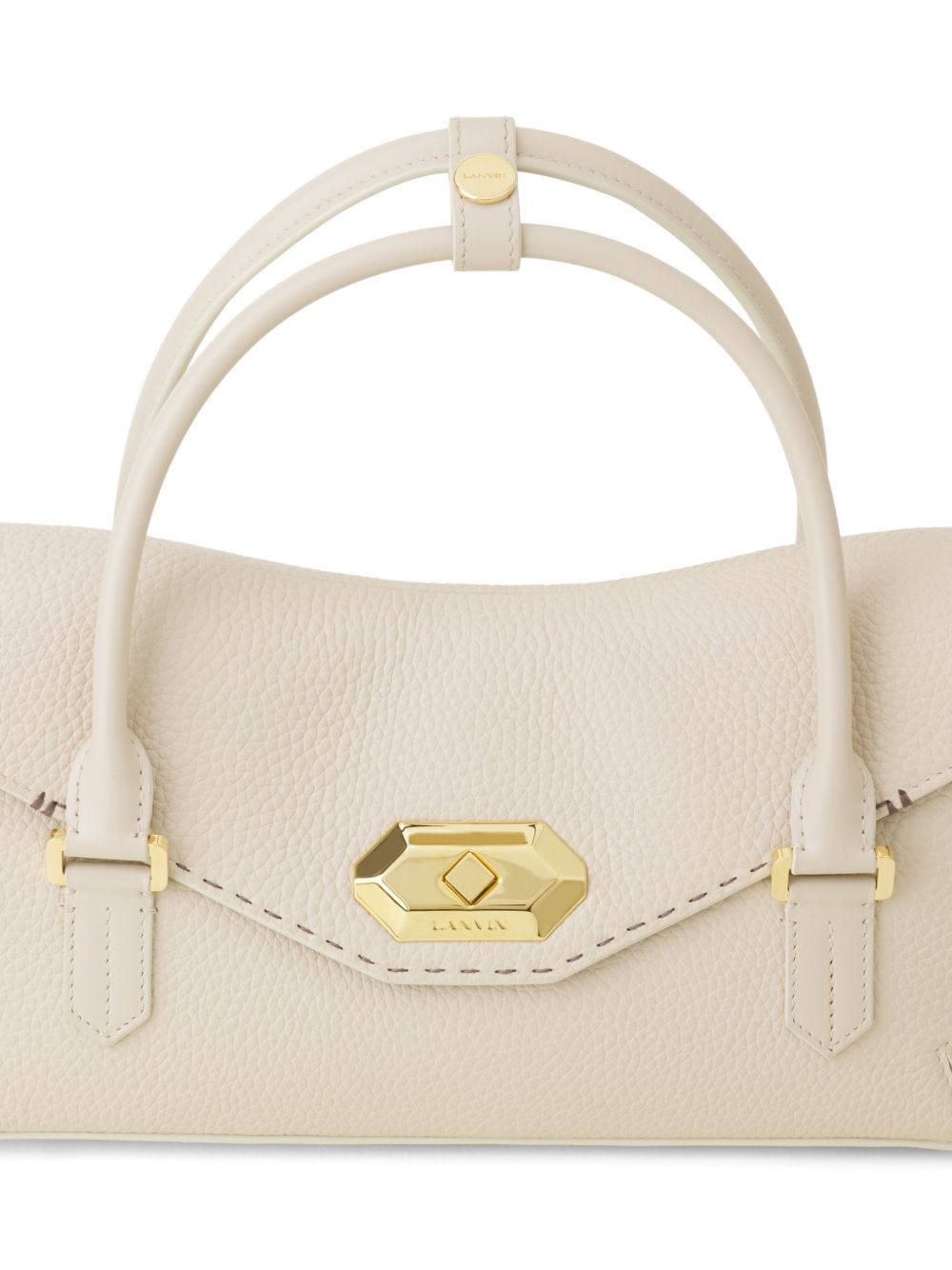 Beige Topstitched Geometric Clasp Top Bag