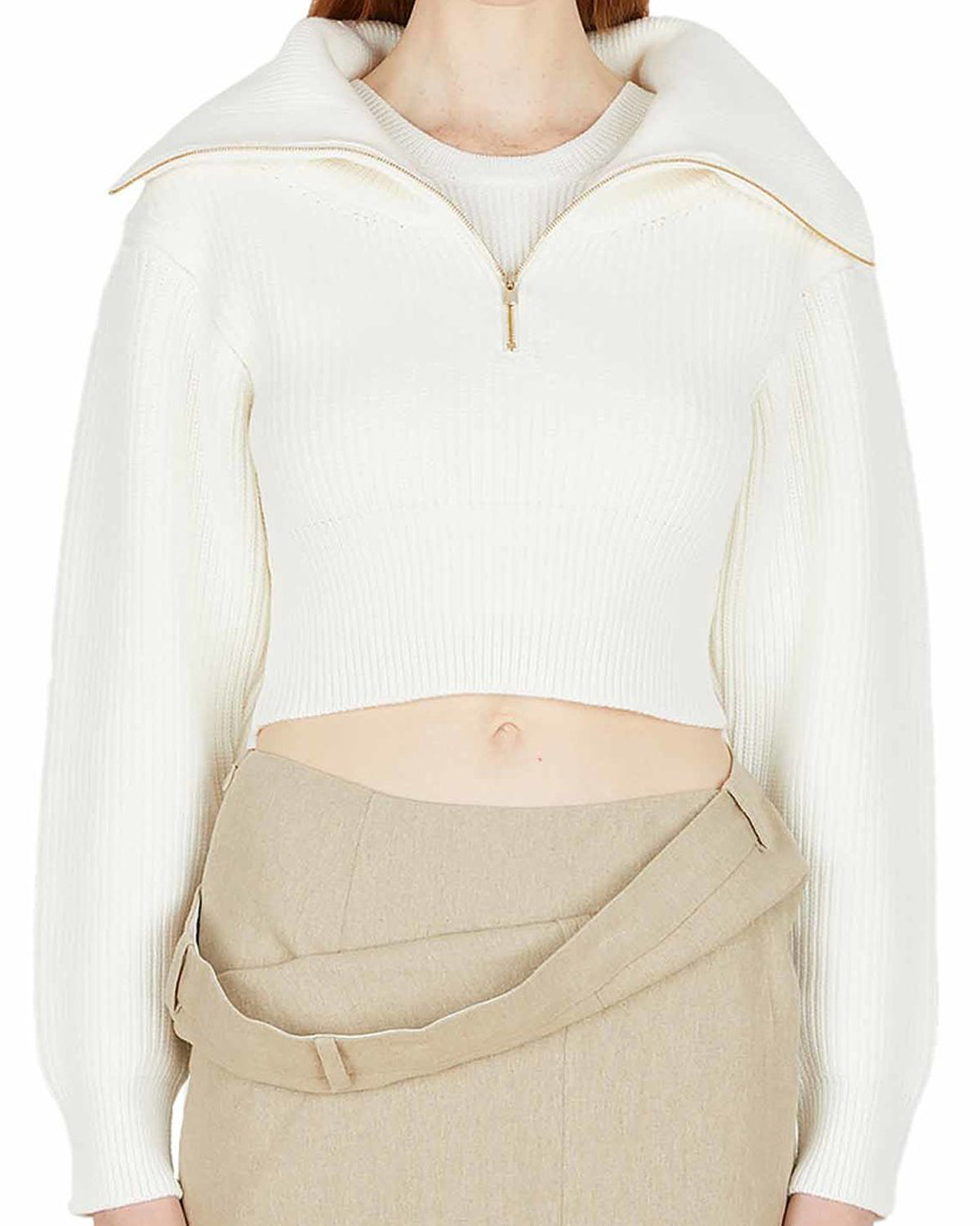Cropped White Sweater with Wide Folded Collar
