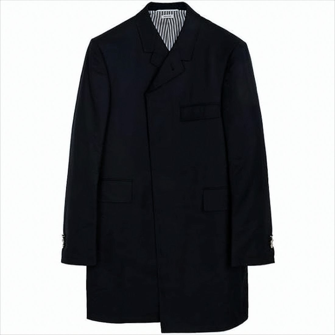 Long Black Wool Coat with Double-Breasted Front and Notched Lapel