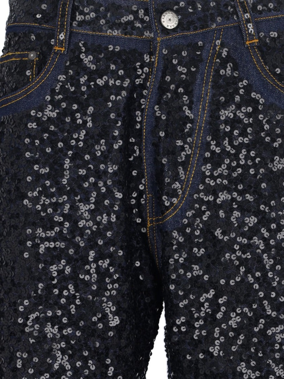 "Guff" Sequin Straight Jeans In Black Stretch Denim