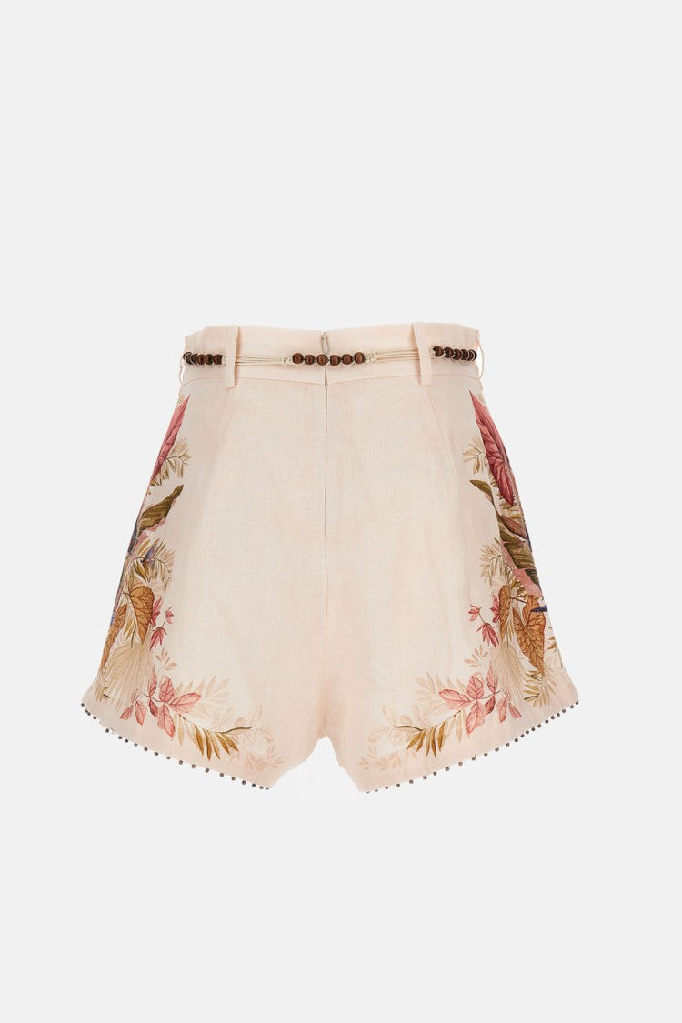 Floral Print Linen Shorts With Removable Waist Strap And Side Pockets