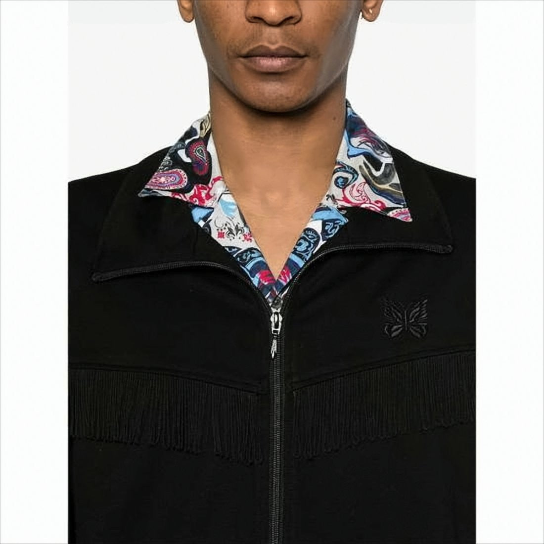 Fringe-Detail Black Jacket with Zippered Pockets