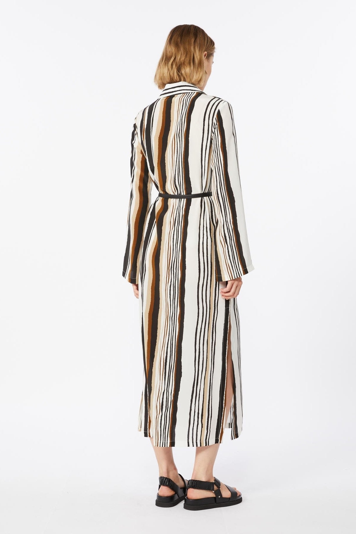 Long-Sleeved Midi Dress with Vertical Striped Pattern
