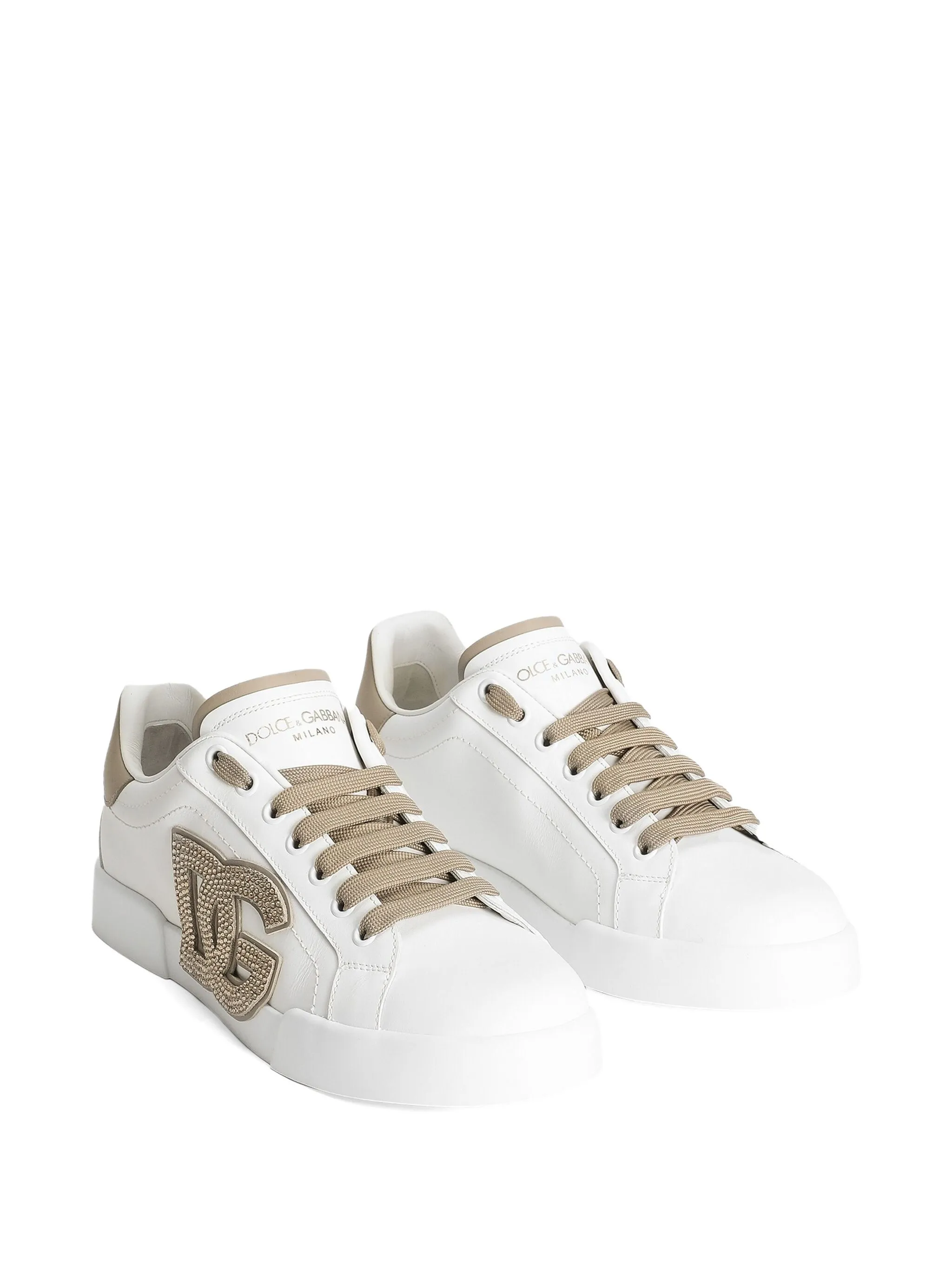 White Low-Top Leather Embellished Logo Sneakers