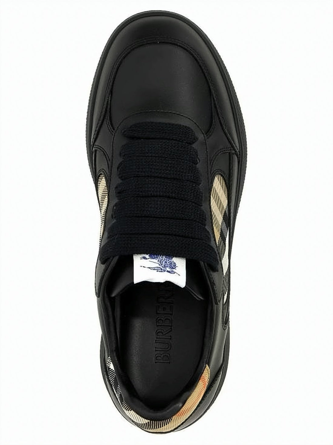 Check Pattern Black Leather Low-Top Sneakers