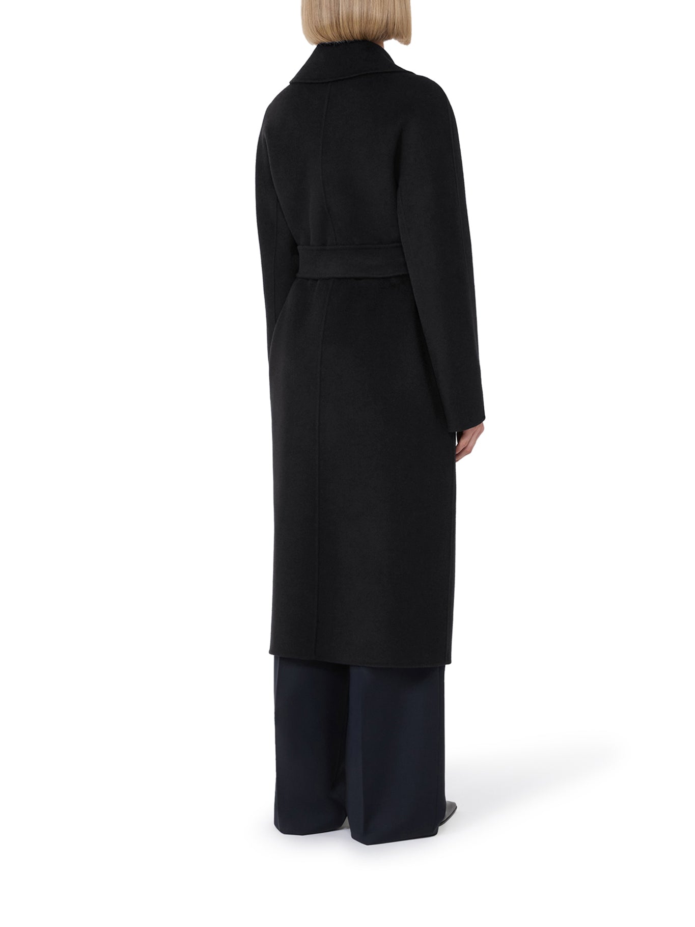 Knee-Length Black Coat with Wrap Design