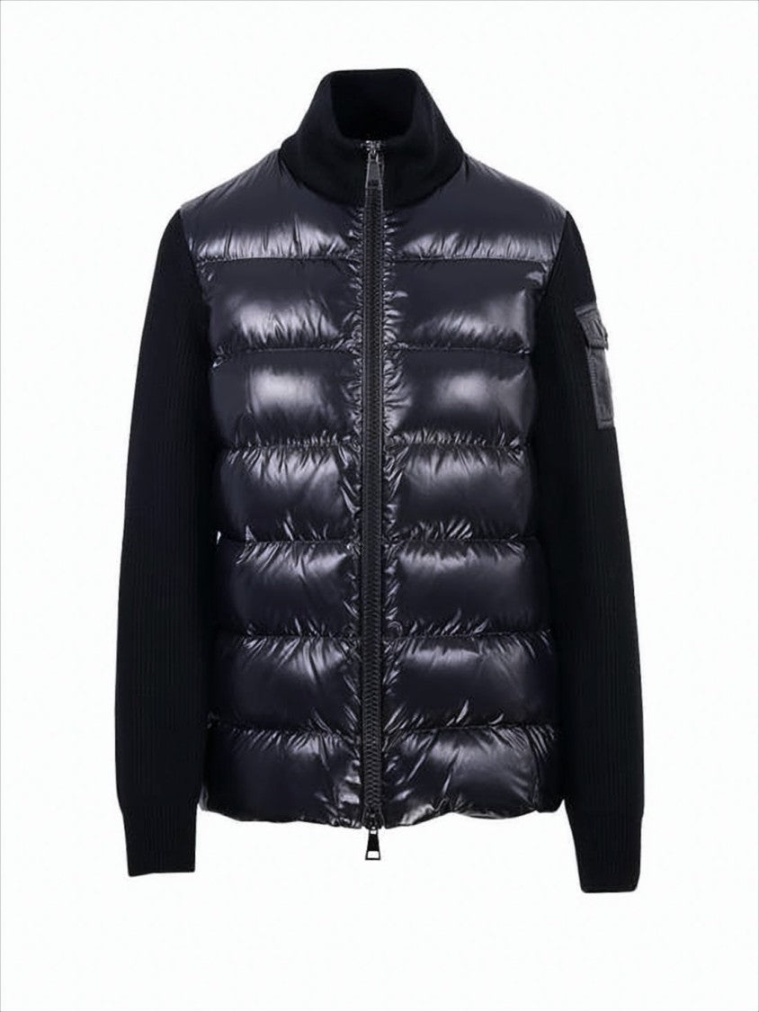 Quilted Down Coat with Textured Knit Sleeves