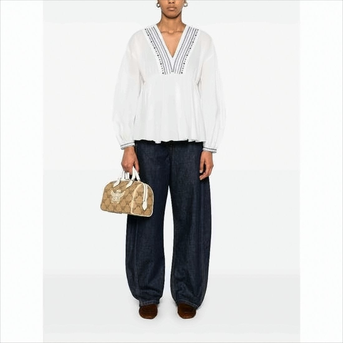 Flowing White Blouse with Blue Embroidery