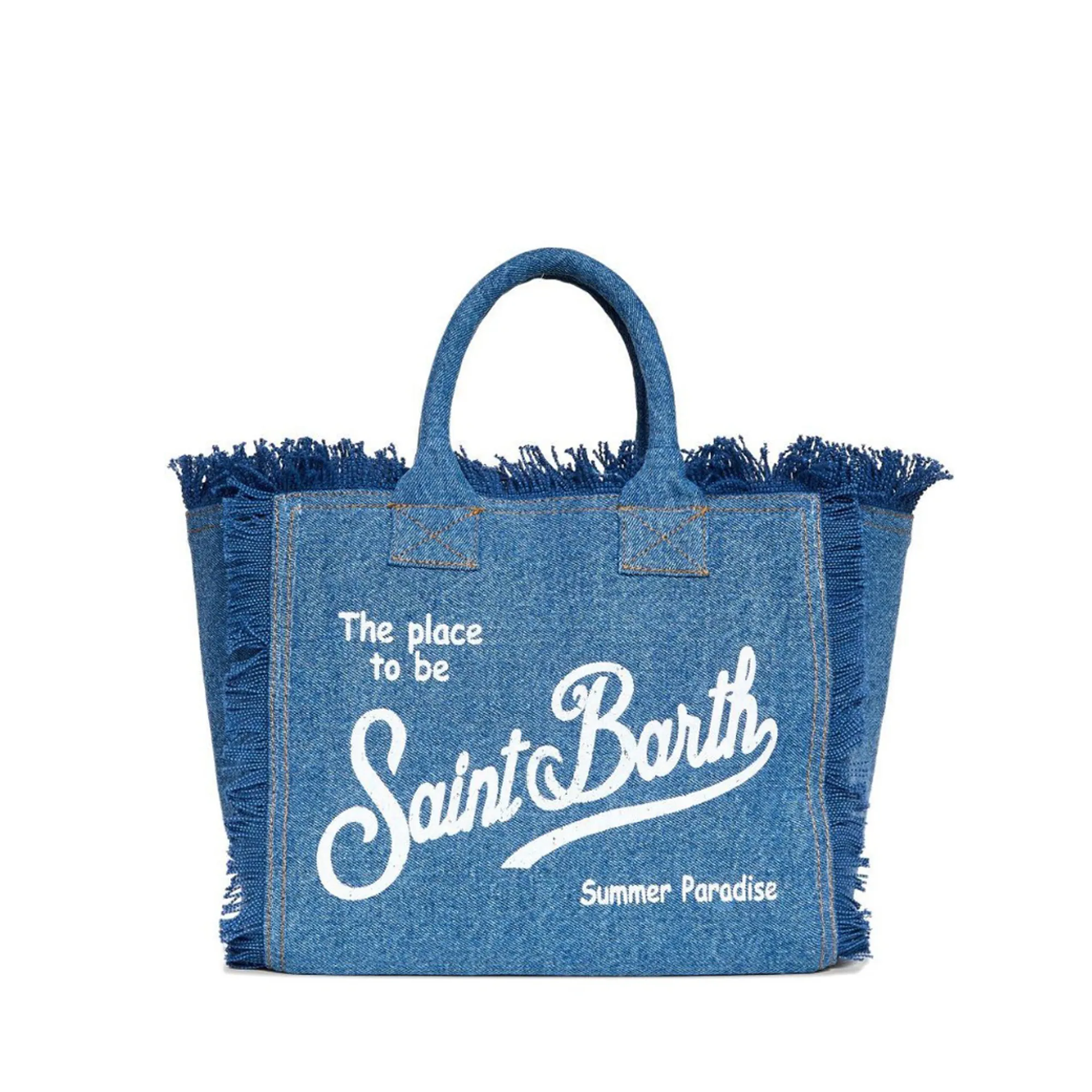 Textured Denim Tote Bag with Fringed Trim