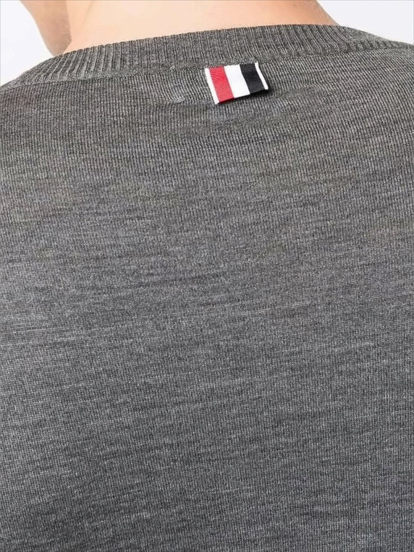 Fine-Knit Grey Merino Wool Sweater with Striped Accent