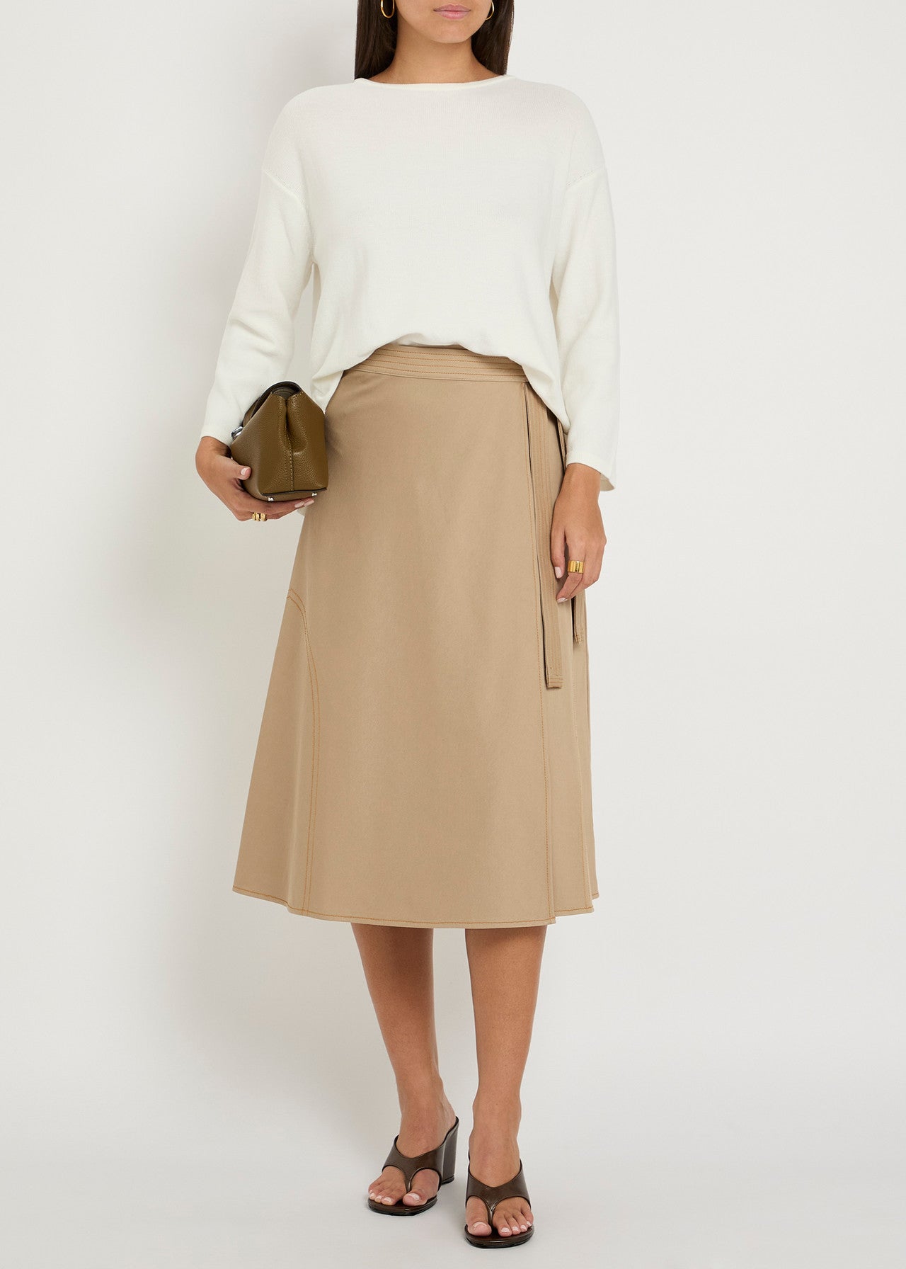 Knee-Length A-Line Skirt with Stitched Belt Tie
