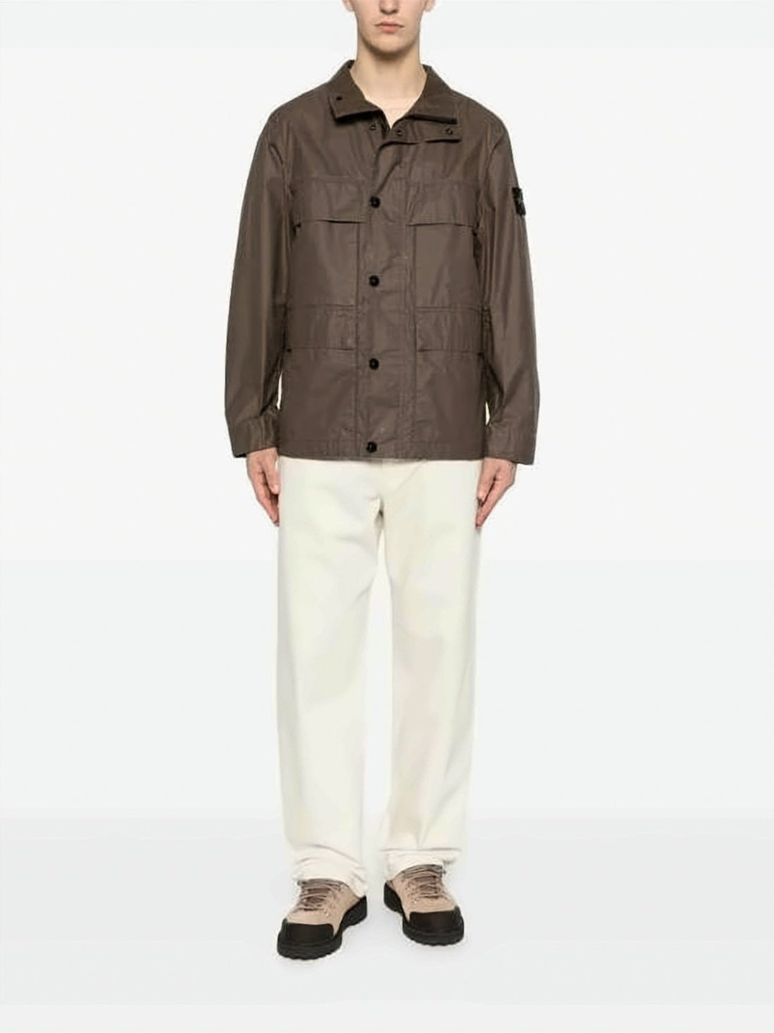 Structured Brown Utility Jacket with High Collar