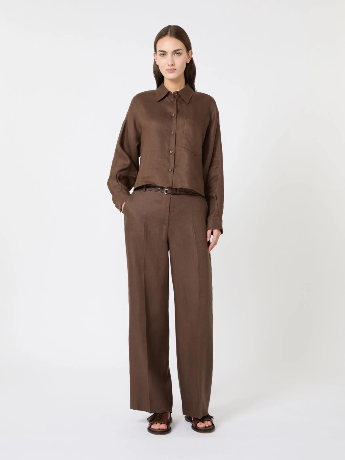 Wide-Leg Trousers with High Waist and Textured Finish
