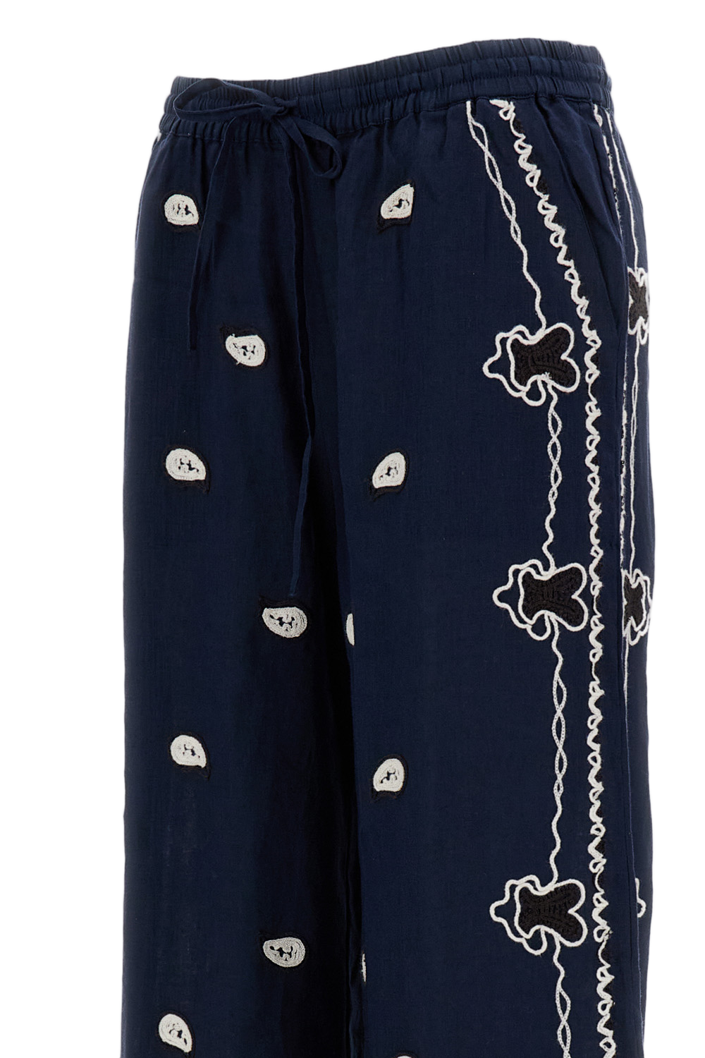 Embroidered Wide-Leg Linen Trousers with Adjustable Waistband
