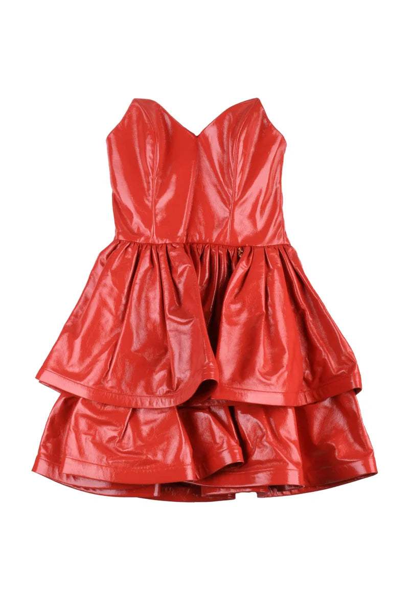 Short Faux Leather Dress Heart Neckline - Red