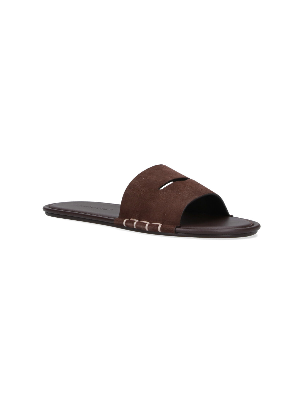 Dark Brown Calf Leather Open-Toe Slides with Contrasting Stitching