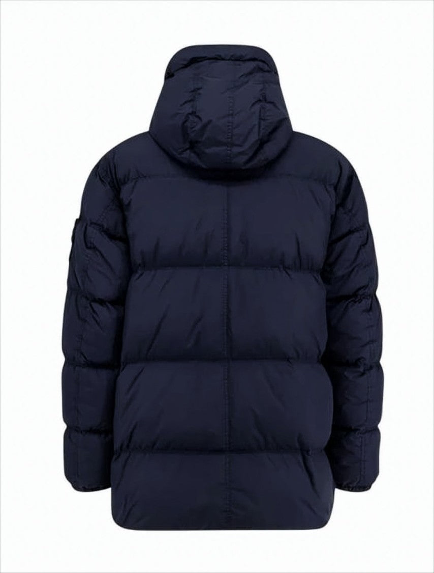 Quilted Blue Padded Jacket with Hood and Oversized Fit