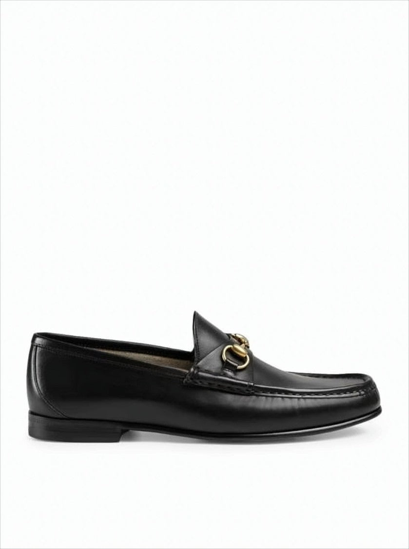 Black Leather Loafers with Gold-tone Horsebit Detail
