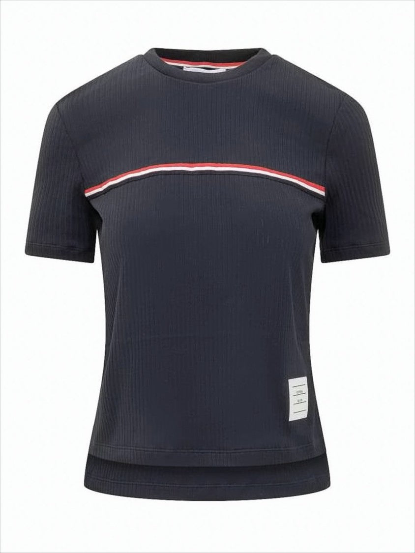 Ribbed Knit Short-Sleeved Top with Tricolor Accent