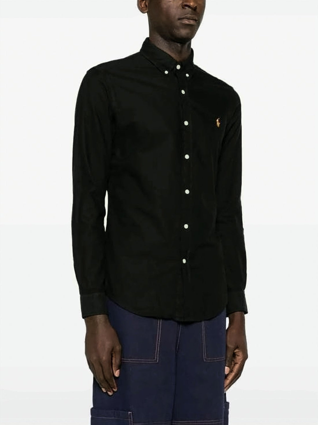 Mandarin Collar Long-Sleeve Shirt with Embroidered Logo