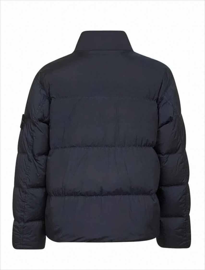 Boxy Black Padded Jacket with Horizontal Quilting and Stand Collar