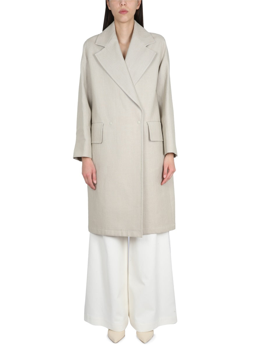 Linen Duster with Button Closure and Peaked Lapel