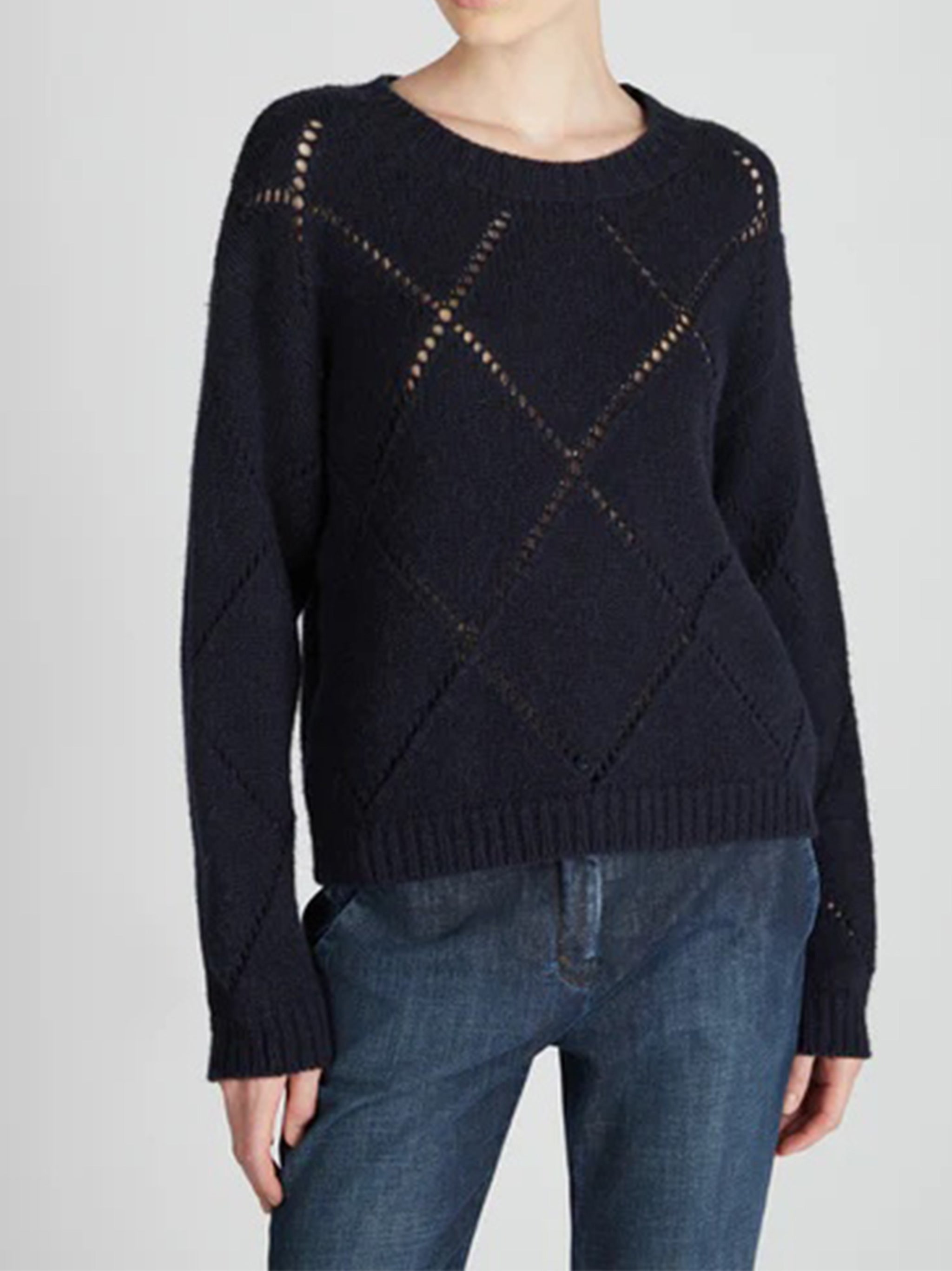 Diamond Openwork Knitted Crew Neck Sweater