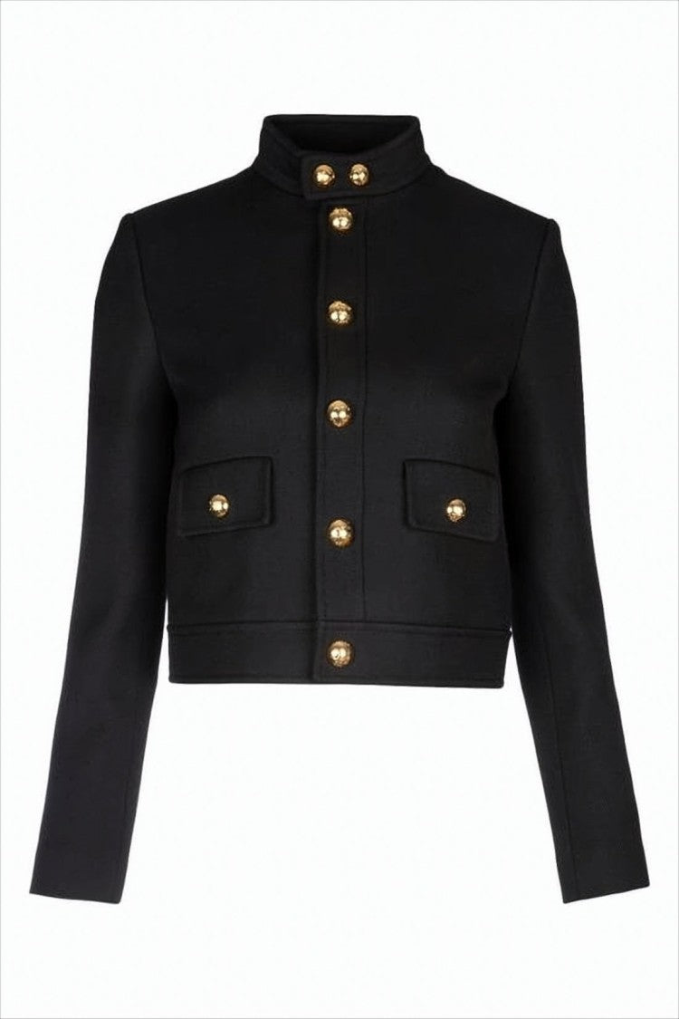 Cropped Black Jacket with Structured Silhouette and Gold-tone Accents
