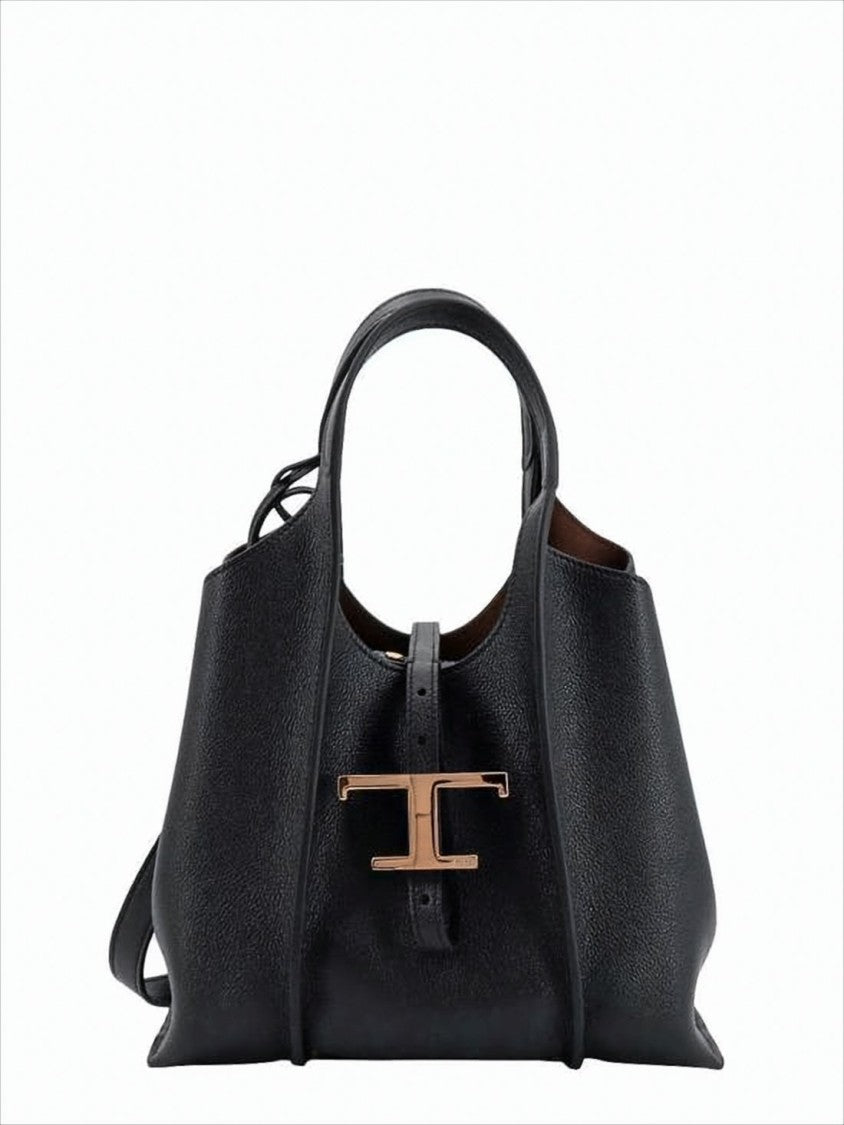 Textured Leather Tote Bag with Metallic Clasp