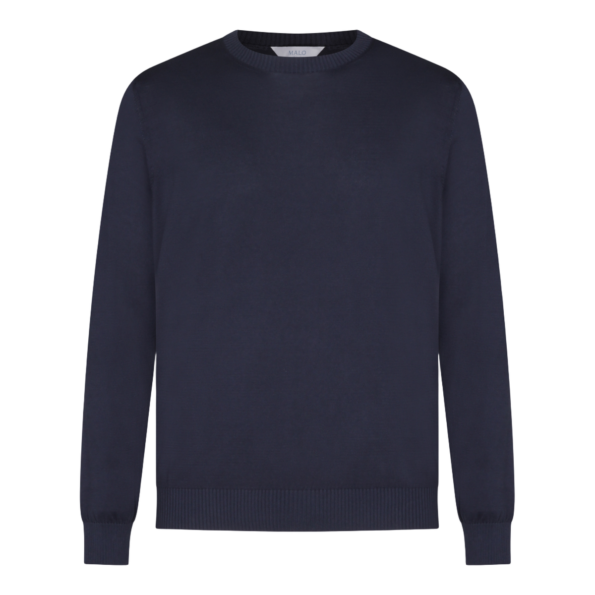 Ribbed-Neckline Blue Knit Sweater