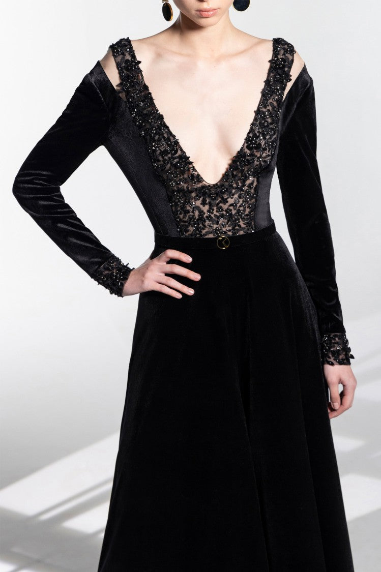 Velvet Flared Jumpsuit With A Beaded Top