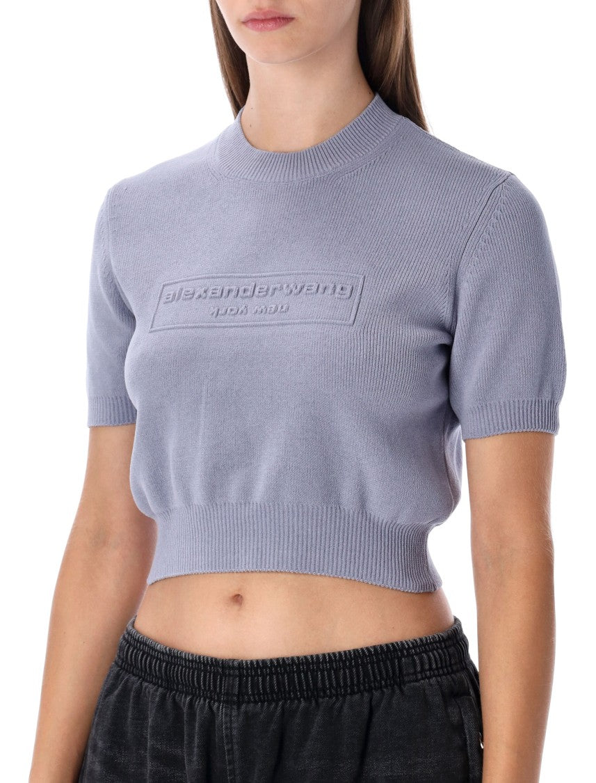 Cropped Ribbed Chenille Sweater With Logo