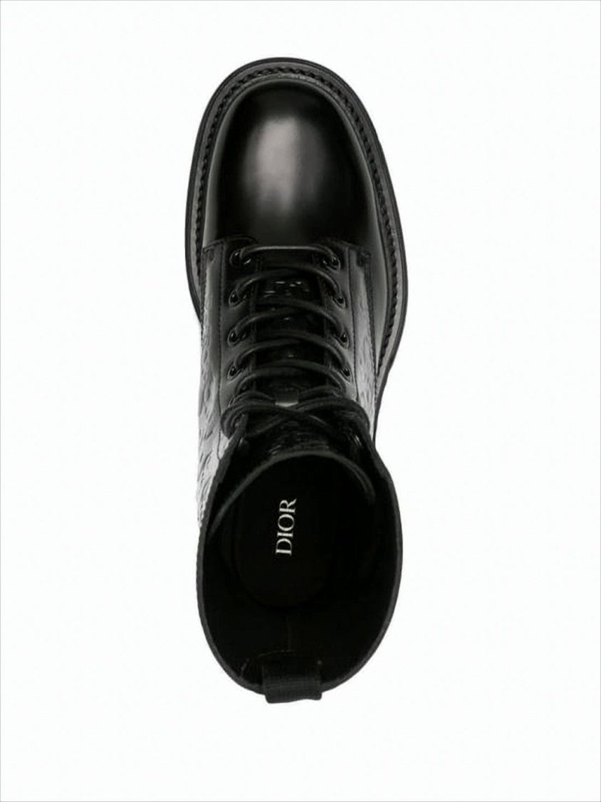 Black Leather Lace-Up Boots With Embossed Detailing
