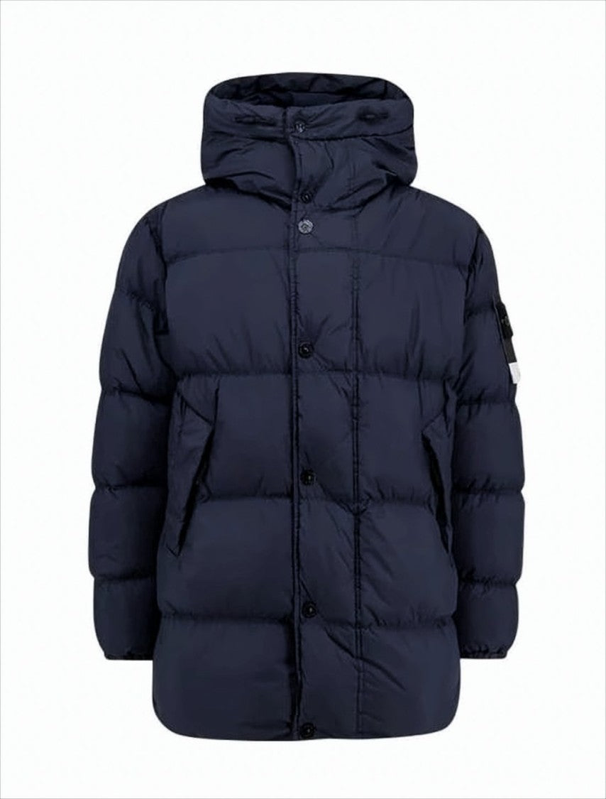 Quilted Blue Padded Jacket with Hood and Oversized Fit