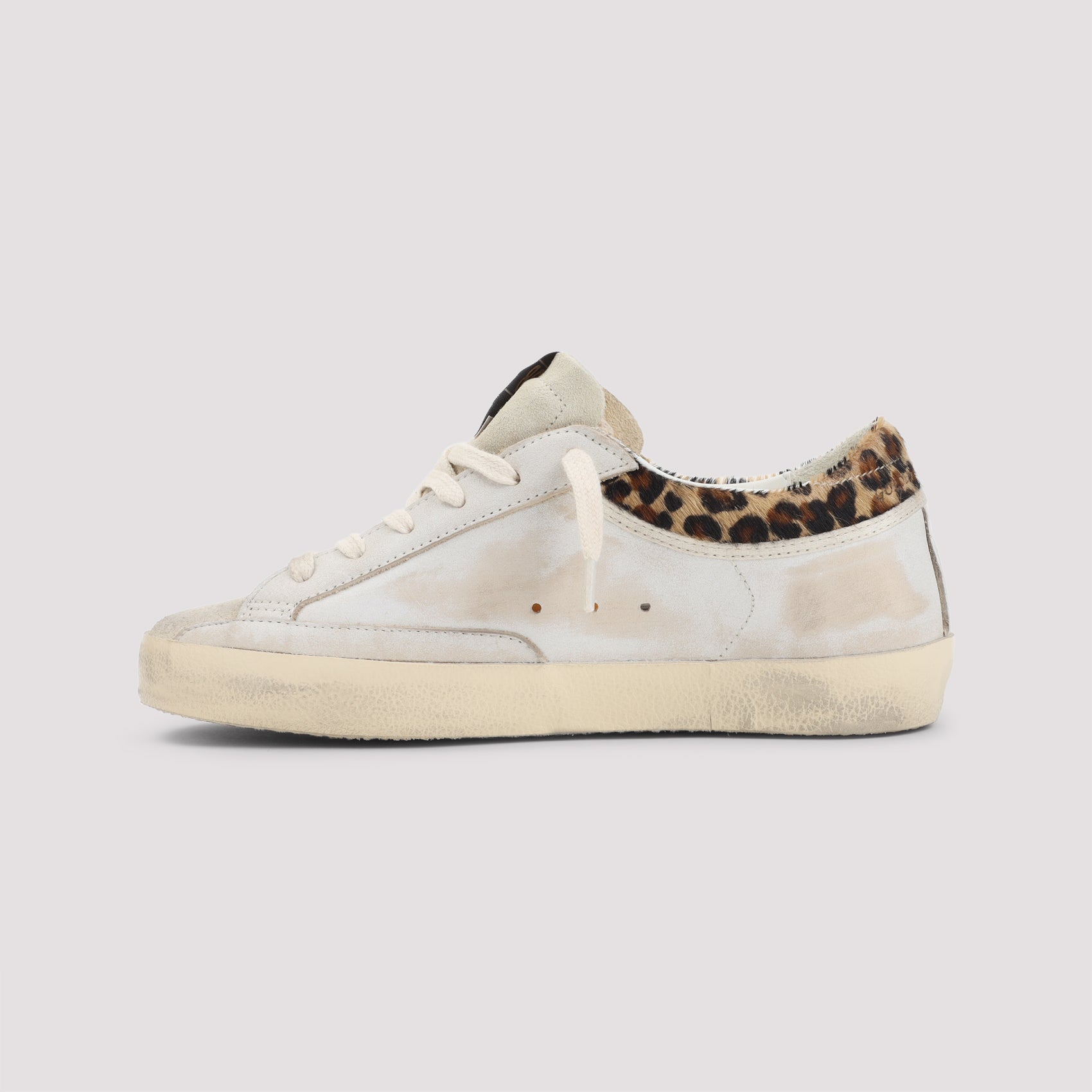 Worn-In White Leather Sneakers with Leopard Print Accent