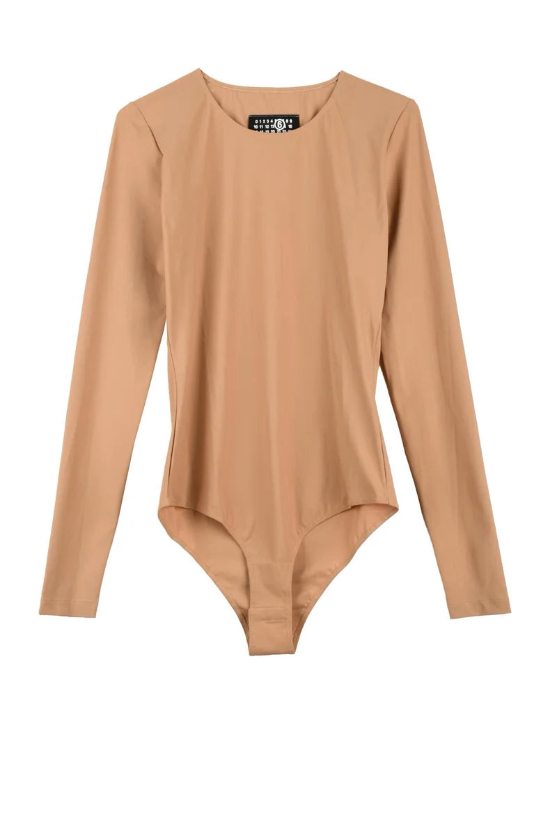Seamless Long-Sleeved Bodysuit with Round Neckline